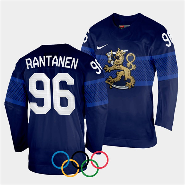 Mens Finland Team Hockey #96 Mikko Rantanen Away Navy 2022 Beijing Olympics Jersey