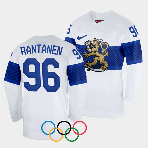 Mens Finland Team Hockey #96 Mikko Rantanen Home White 2022 Beijing Olympics Jersey