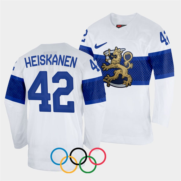 Mens Finland Team Hockey #42 Miro Heiskanen Home White 2022 Beijing Olympics Jersey