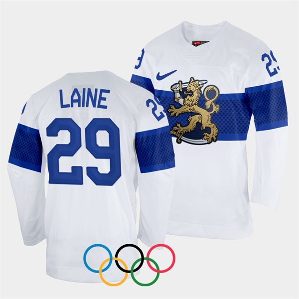 Mens Finland Team Hockey #29 Patrik Laine Home White 2022 Beijing Olympics Jersey