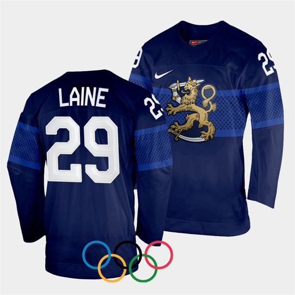 Mens Finland Team Hockey #29 Patrik Laine Away Navy 2022 Beijing Olympics Jersey