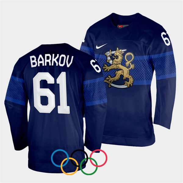 Mens Finland Team Hockey #61 Aleksander Barkov Away Navy 2022 Beijing Olympics Jersey