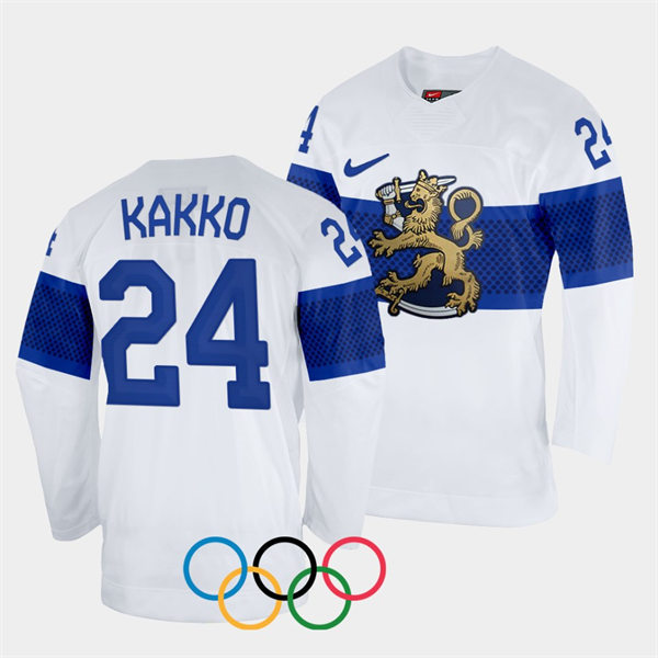 Mens Finland Team Hockey #24 Kaapo Kakko Home White 2022 Beijing Olympics Jersey