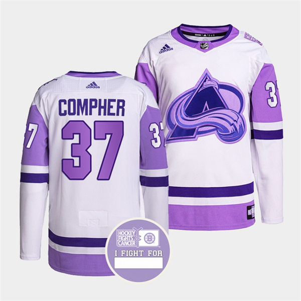 Men's Colorado Avalanche #37 J. T. Compher 2021-22 White Purple Hockey Fights Cancer Primegreen Jersey