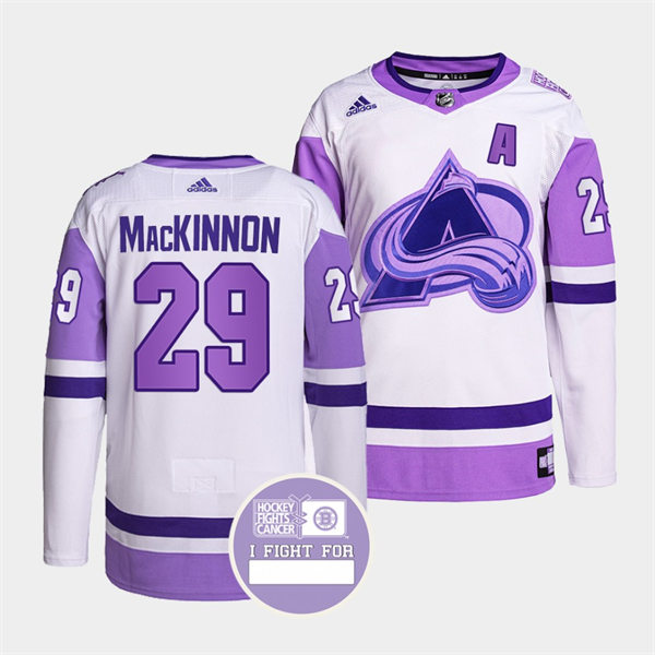Men's Colorado Avalanche #29 Nathan MacKinnon 2021-22 White Purple Hockey Fights Cancer Primegreen Jersey