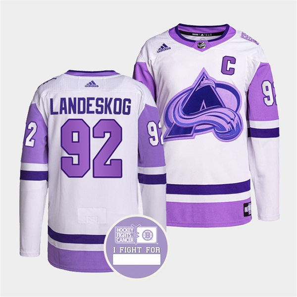 Men's Colorado Avalanche #92 Gabriel Landeskog 2021-22 White Purple Hockey Fights Cancer Primegreen Jersey