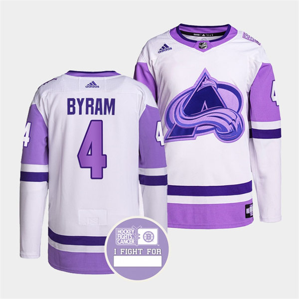 Men's Colorado Avalanche #4 Bowen Byram 2021-22 White Purple Hockey Fights Cancer Primegreen Jersey