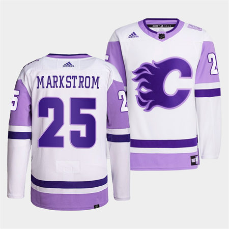 Men's Calgary Flames #25 Jacob Markstrom 2022 White Purple Hockey Fights Cancer Primegreen Jersey