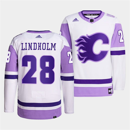Men's Calgary Flames #28 Elias Lindholm 2022 White Purple Hockey Fights Cancer Primegreen Jersey