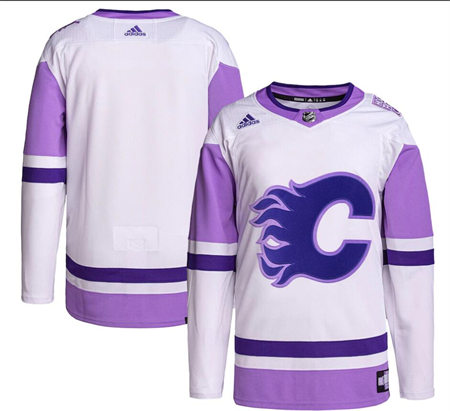Men's Calgary Flames Blank adidas White Purple Hockey Fights Cancer Primegreen Practice Jersey