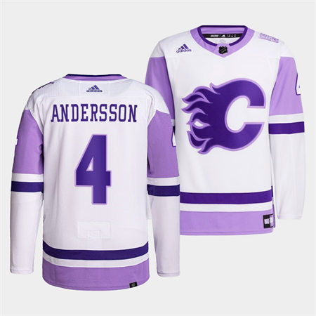 Men's Calgary Flames #4 Rasmus Andersson 2022 White Purple Hockey Fights Cancer Primegreen Jersey