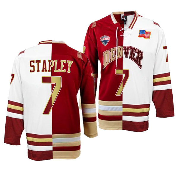 Mens Denver Pioneers #7 Brett Stapley College Hockey Crimson White Split Two Tone Edtion Jersey