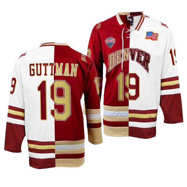 Mens Denver Pioneers #19 Cole Guttman College Hockey Crimson White Split Two Tone Edtion Jersey