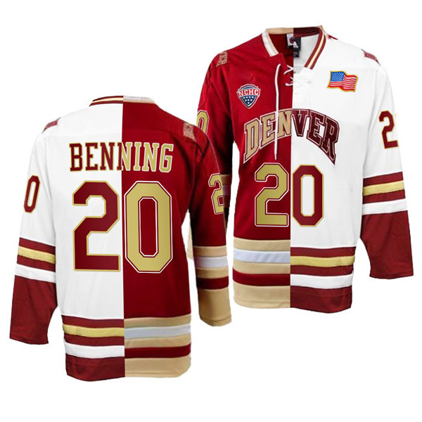 Mens Denver Pioneers #20 Mike Benning College Hockey Crimson White Split Two Tone Edtion Jersey