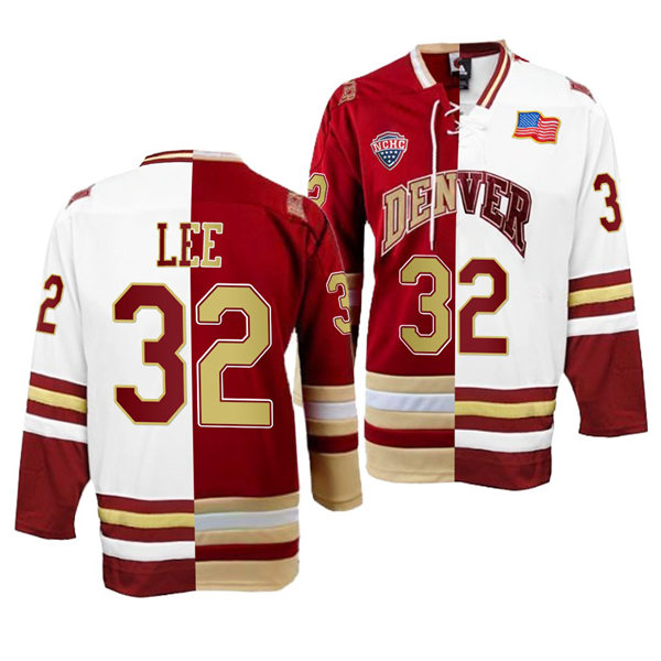 Mens Denver Pioneers #32 Justin Lee College Hockey Crimson White Split Two Tone Edtion Jersey