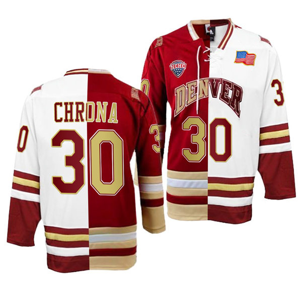 Mens Denver Pioneers #30 Magnus Chrona College Hockey Crimson White Split Two Tone Edtion Jersey