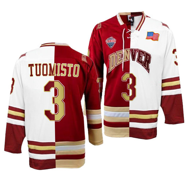 Mens Denver Pioneers #3 Antti Tuomisto College Hockey Crimson White Split Two Tone Edtion Jersey