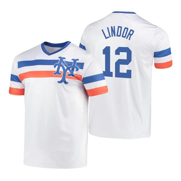 Mens New York Mets #12 Francisco Lindor Stitches White Cooperstown Collection V-Neck Jersey