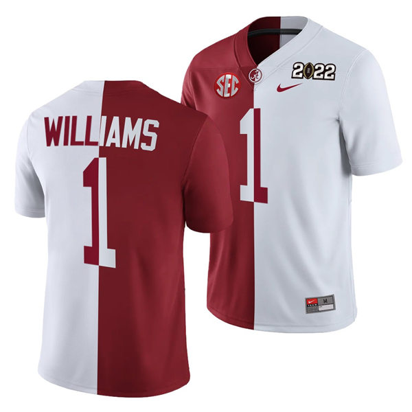 Men's Alabama Crimson Tide #1 Jameson Williams White Crimson Split Two-Tone Football Jersey