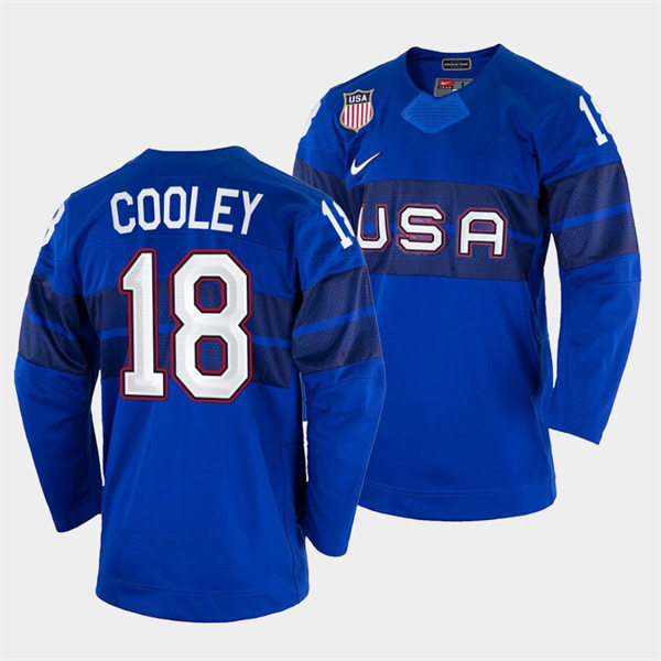 Men's USA Hockey #18 Logan Cooley 2022 Beijing Winter Olympic Jersey Blue