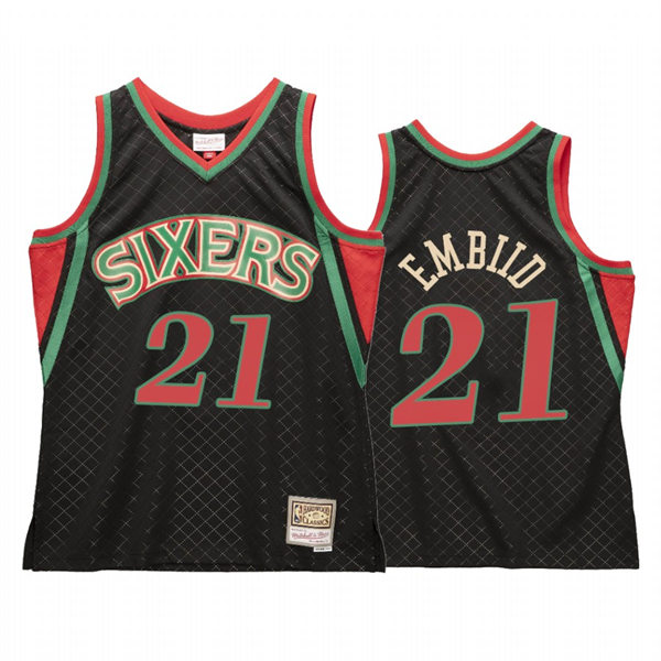 Mens Philadelphia 76ers #21 Joel Embiid Mitchell & Ness Neapolitan Black Hardwood Classic Jersey