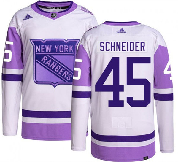 Mens New York Rangers #45 Braden Schneider 2021-22 White Purple Hockey Fights Cancer Primegreen Jersey