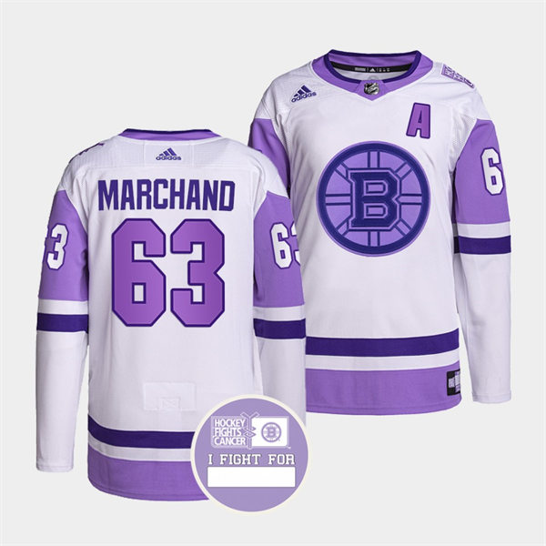 Men's Boston Bruins #63 Brad Marchand 2021 White Purple Primegreen Hockey Fights Cancer Jersey