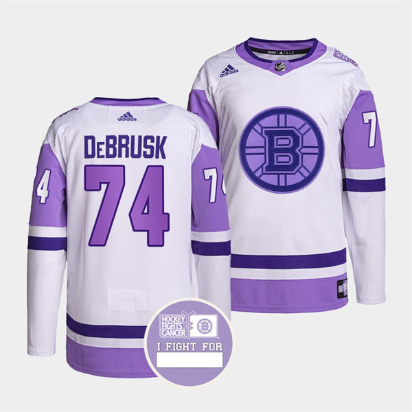 Men's Boston Bruins #74 Jake DeBrusk 2021 White Purple Primegreen Hockey Fights Cancer Jersey
