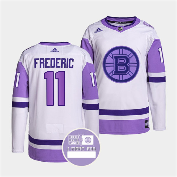 Mens Boston Bruins #11 Trent Frederic 2021 White Purple Primegreen Hockey Fights Cancer Jersey