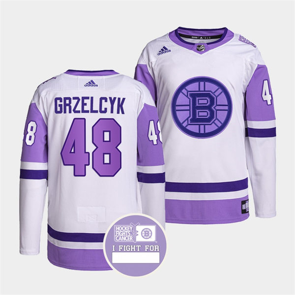 Mens Boston Bruins #48 Matt Grzelcyk 2021 White Purple Primegreen Hockey Fights Cancer Jersey