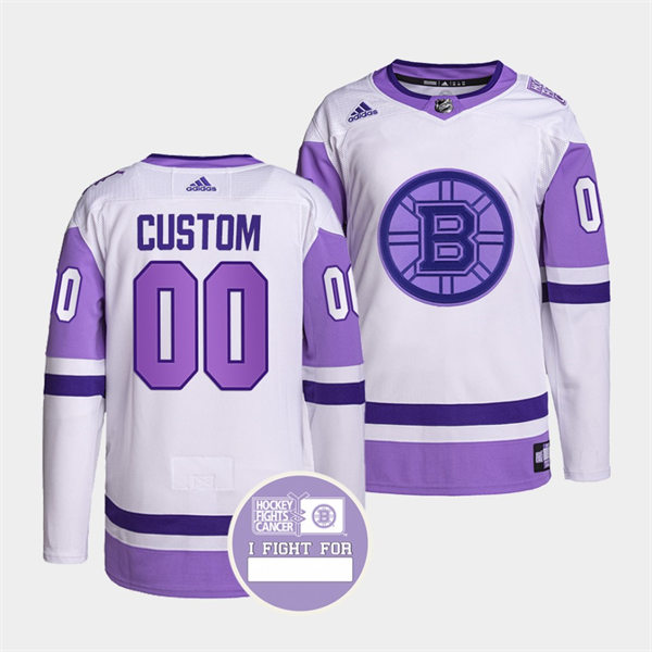 Mens Boston Bruins Custom Stitched 2021 White Purple Primegreen Hockey Fights Cancer Jersey