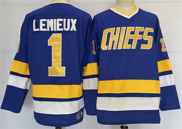 Mens Hanson brothers #1 Denis Lemieux Charlestown Chiefs Away Blue Slap Shot Hockey Jersey