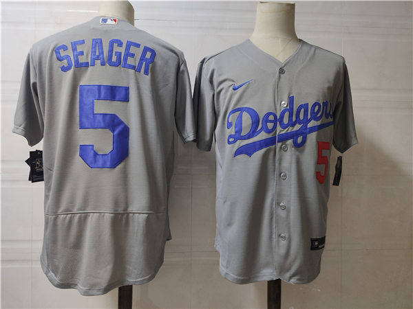 Mens Los Angeles Dodgers #5 Corey Seager Discount Nike Grey Road FlexBase Jersey