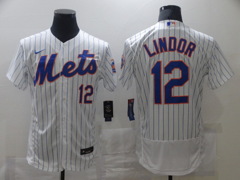 Men's New York Mets #12 Francisco Lindor Home White Pinstripe Stitched Nike MLB Flex Base Jersey