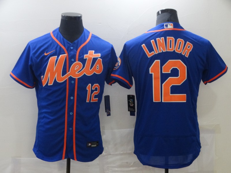 Men's New York Mets #12 Francisco Lindor Blue Orange Stitched Nike MLB Flex Base Jersey