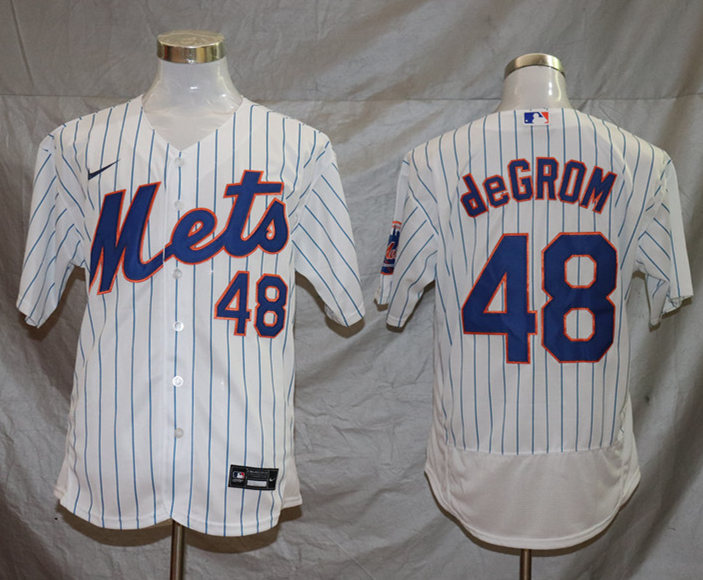 Men's New York Mets #48 Jacob deGrom Home White Pinstripe Stitched Nike MLB Flex Base Jersey