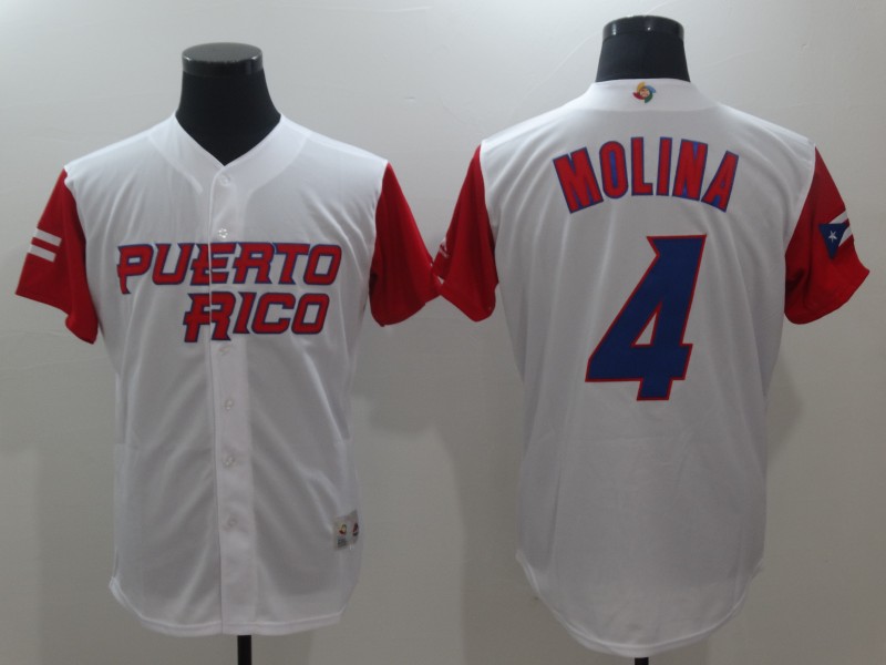 Men's Puerto Rico Baseball #4 Yadier Molina Majestic White 2017 World Baseball Classic Stitched Replica Jersey